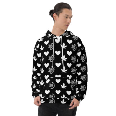 H.O.G.+Bud+Hearts | Black/White | Inside Fleece | In Fabric No Fade Print Unisex Hoodie